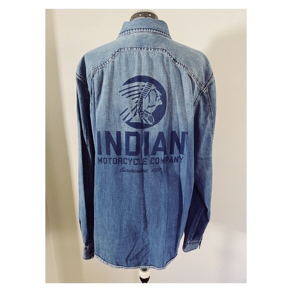 Indian Motorcycles Sz L Chambray denim Logo Printed Button Down Shirt - Picture 1 of 9